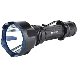 Olight Warrior X Turbo Flashlight - angled view of black flashlight with large reflector head