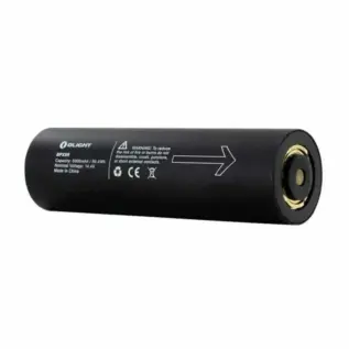 Olight X9R battery - black cylindrical battery pack with printed safety text and direction arrow