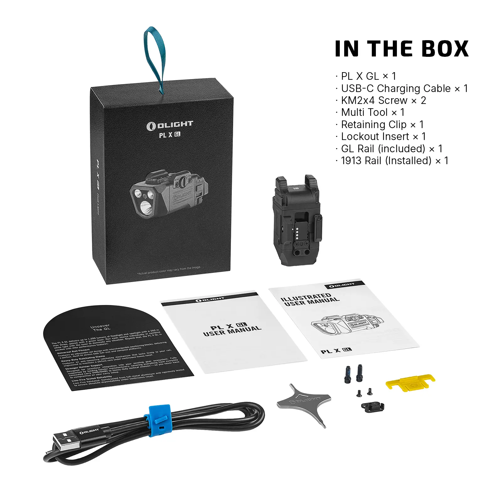 Olight PL X GL 1200 Lumen Rail Light with Green Laser – Matte Black 4 Olight PL X GL 1200 Lumen Rail Light with Green Laser – Matte Black - box contents graphic showing the black light cable manuals and small fittings
