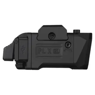 Olight PL X GL light - side view of matte black light with upper bracket and USB port cover
